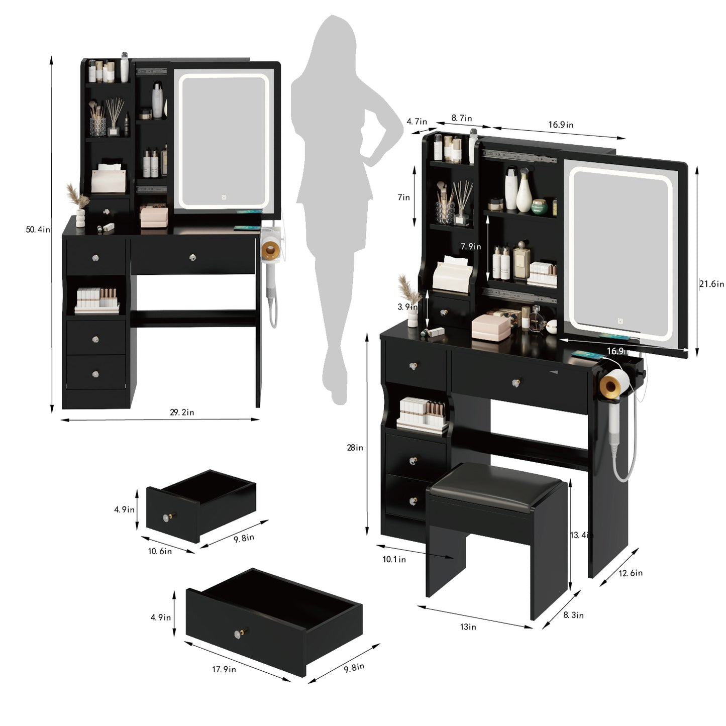 Chic Compact Vanity Set with LED Mirror & Power Hub