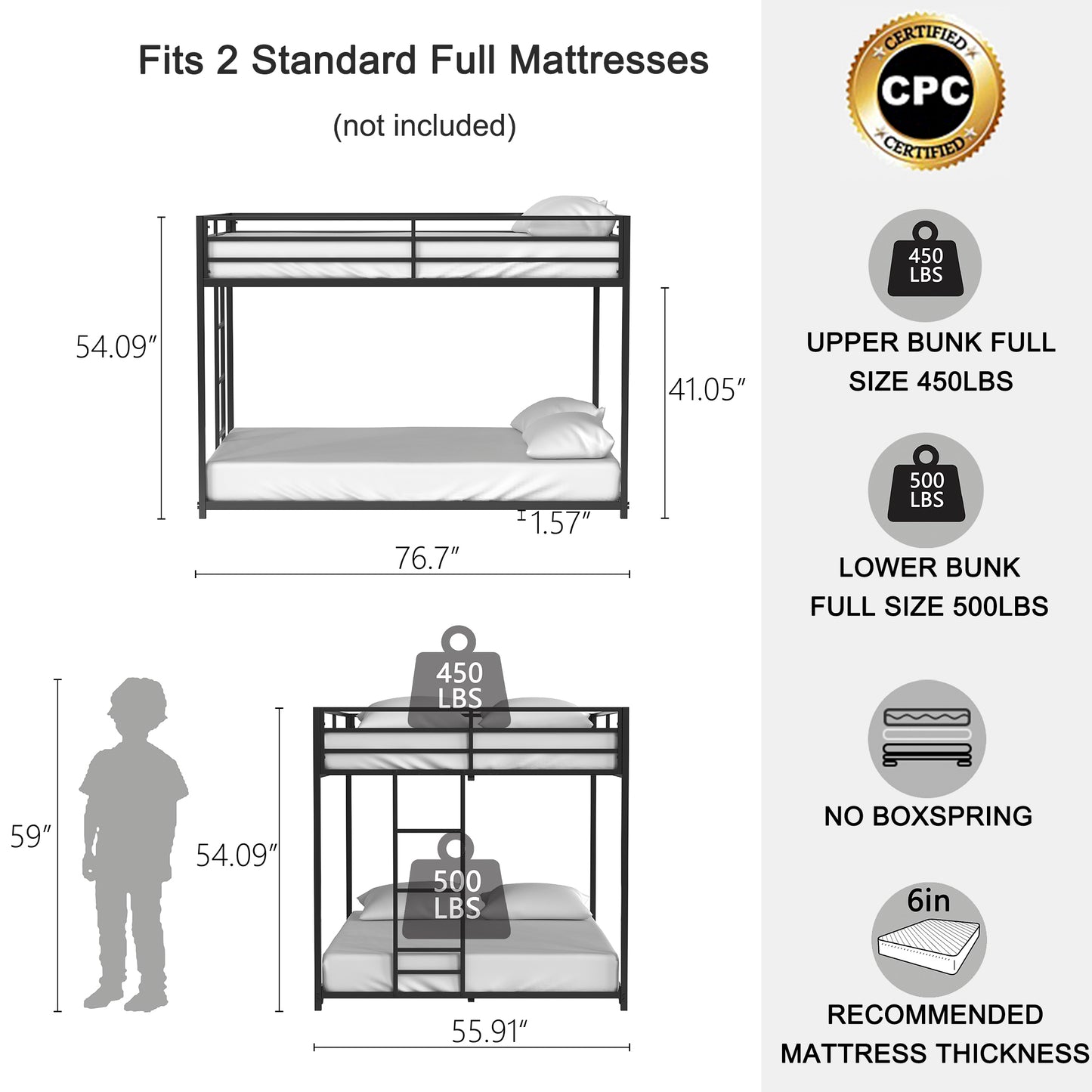 Sturdy Black Metal Bunk Bed for Kids & Adults – Easy Climb, Safe & Strong