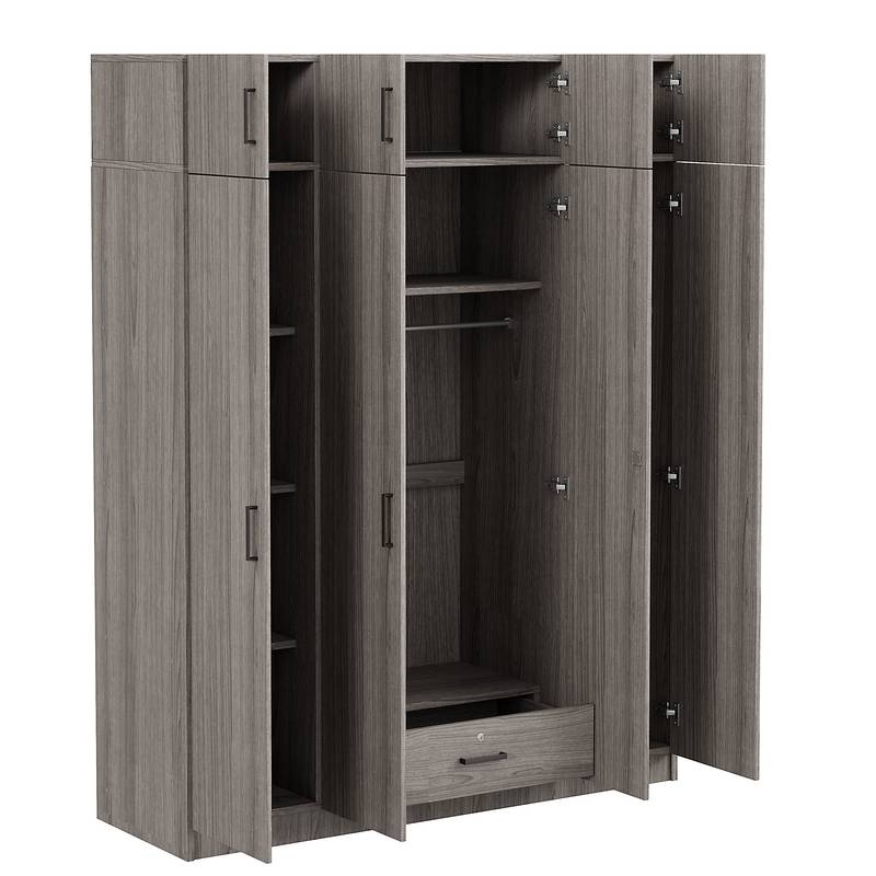 Stylish Gray Four-Door Wardrobe with Drawer and Cabinet