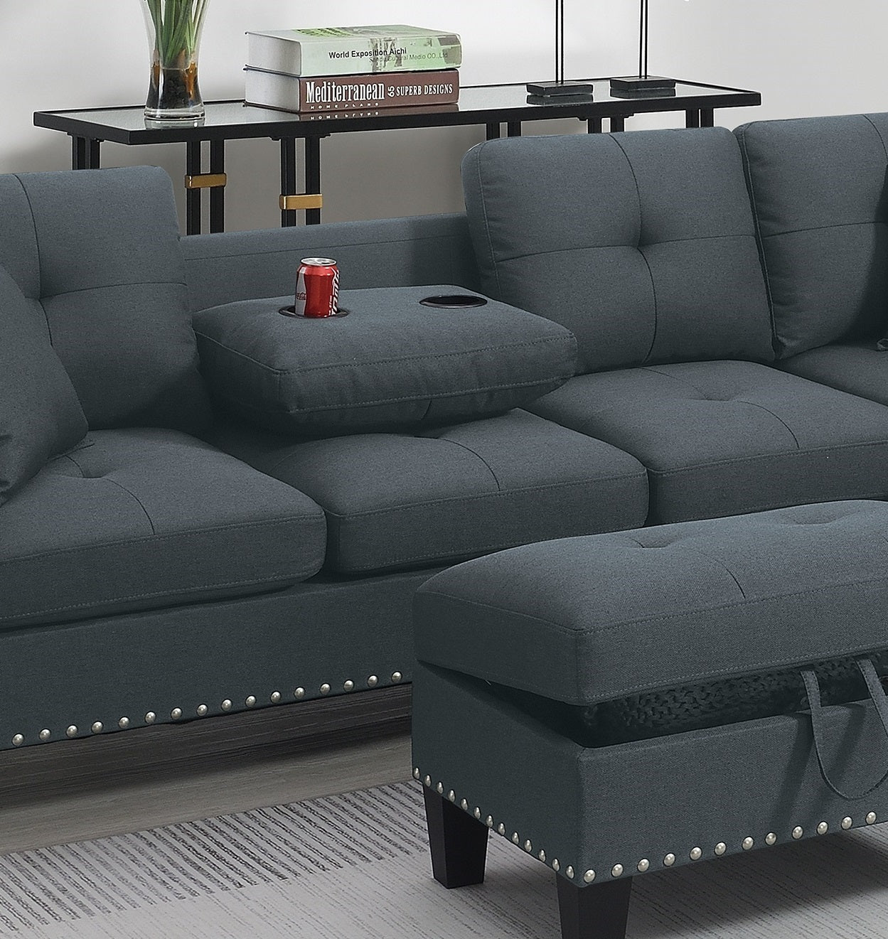 Charcoal Comfort Sectional Sofa Set with Storage Ottoman