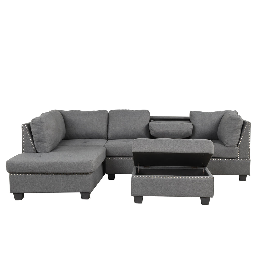 Cozy Gray Reversible Sectional Sofa with Storage Ottoman