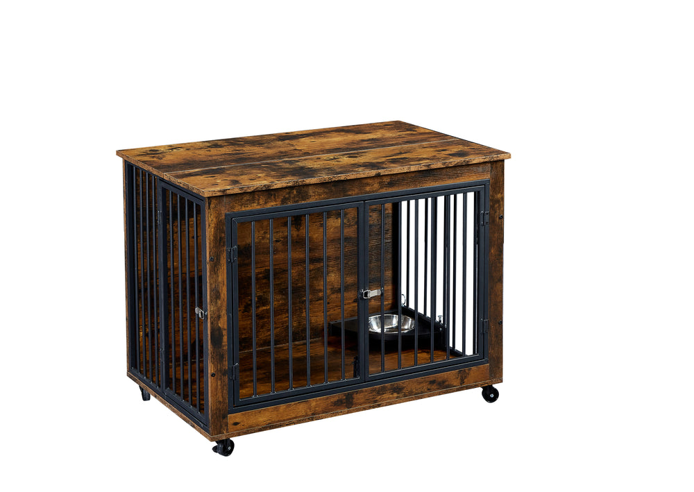 Rustic Dog Crate Side Table with Rotating Bowl and Wheels