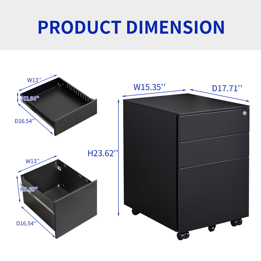 Lockable Mobile File Cabinet with 3 Drawers