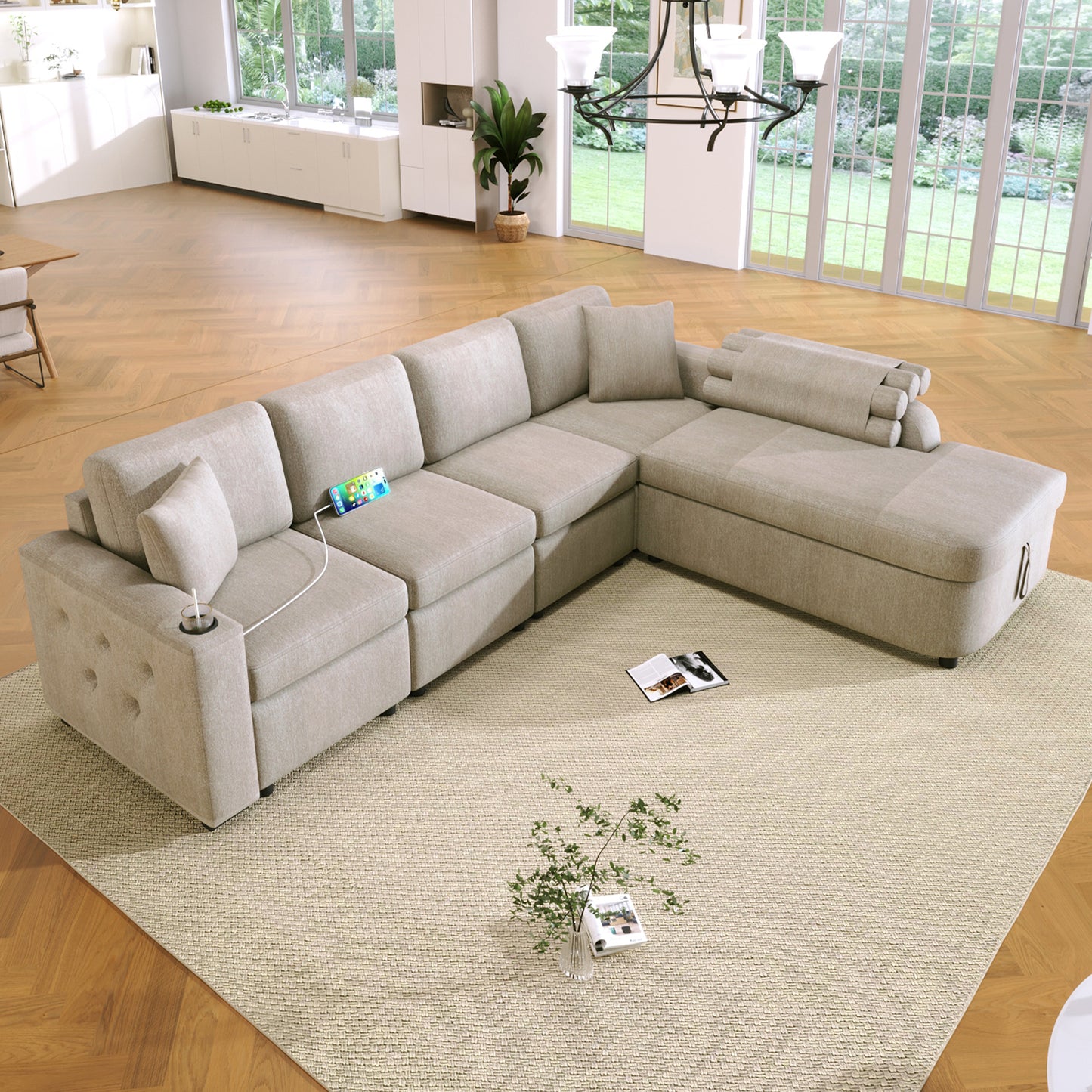 Cozy L-Shaped Sofa with Storage, Cup Holders, and USB Ports - Beige