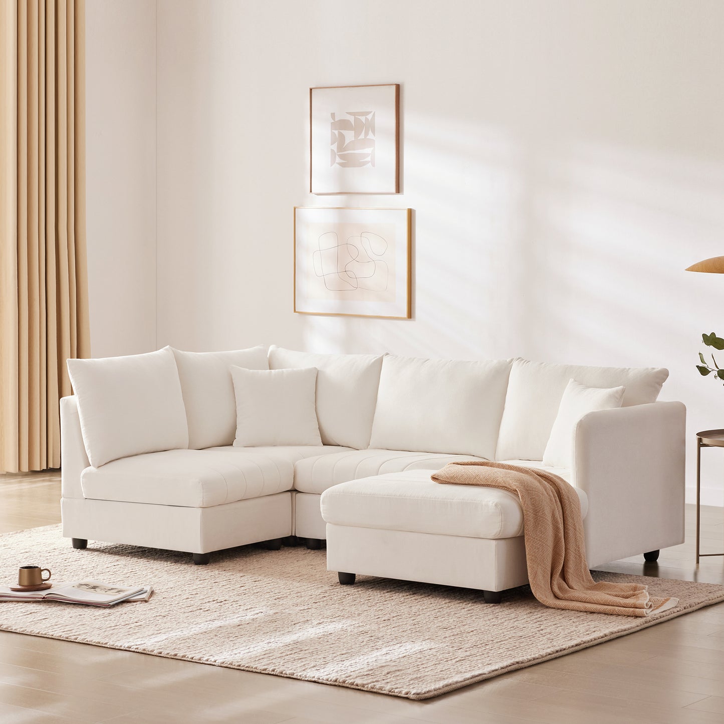 Chic Striped Sectional Sofa with Pillows and Ottoman