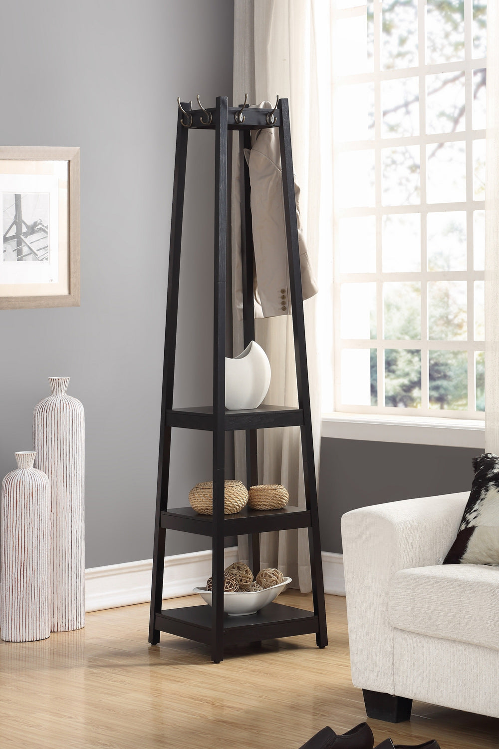 Sleek Black Coat Rack with Storage Shelves