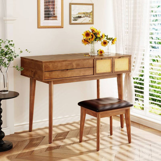 Chic Wood Vanity Set with Flip-Top Mirror & Stool
