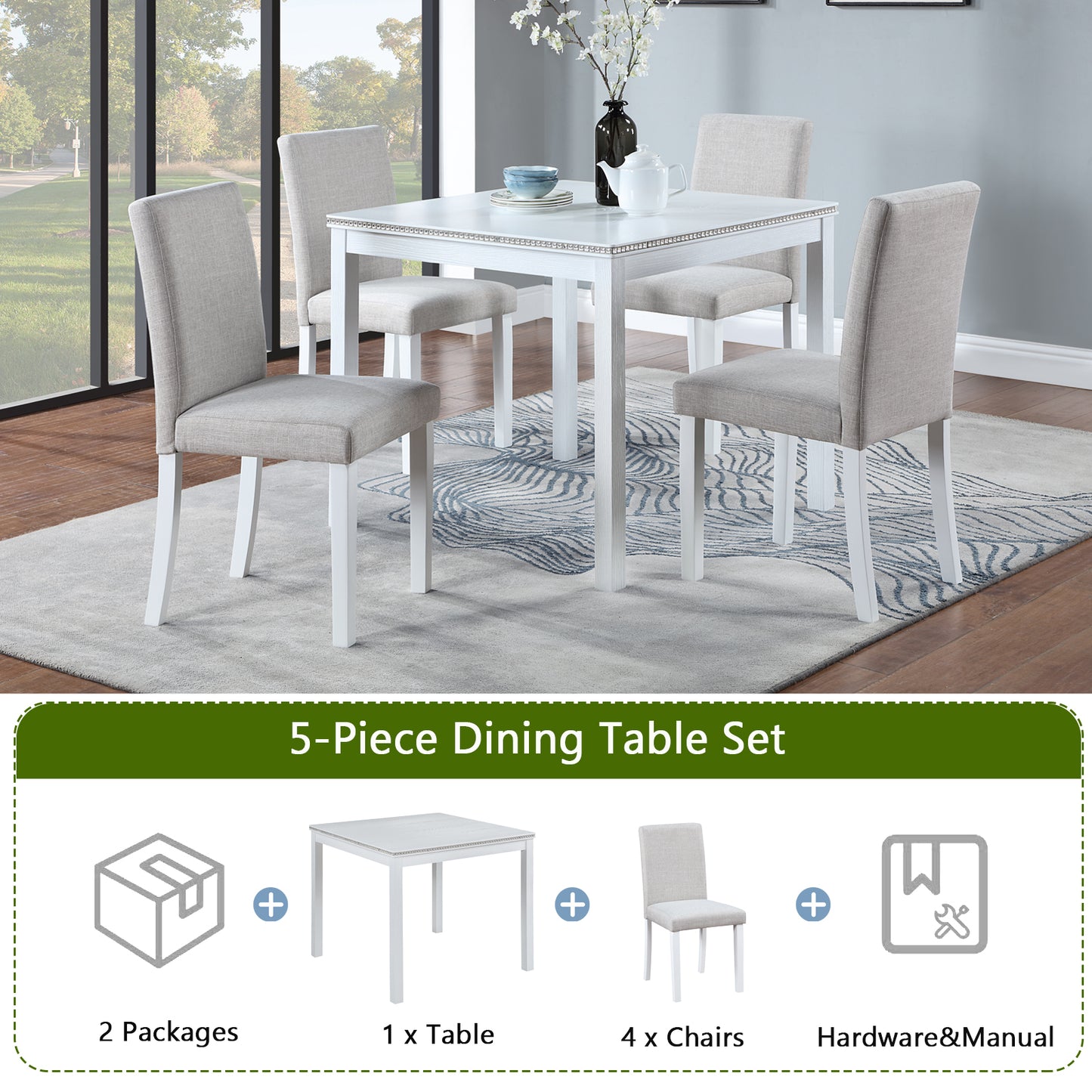 Chic White Wooden Dining Set with Plush Chairs