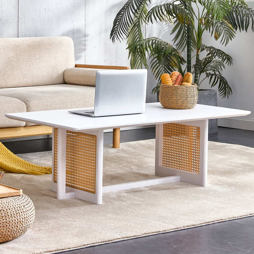 Chic Chinese Solid Wood Coffee Table with Rattan Touch