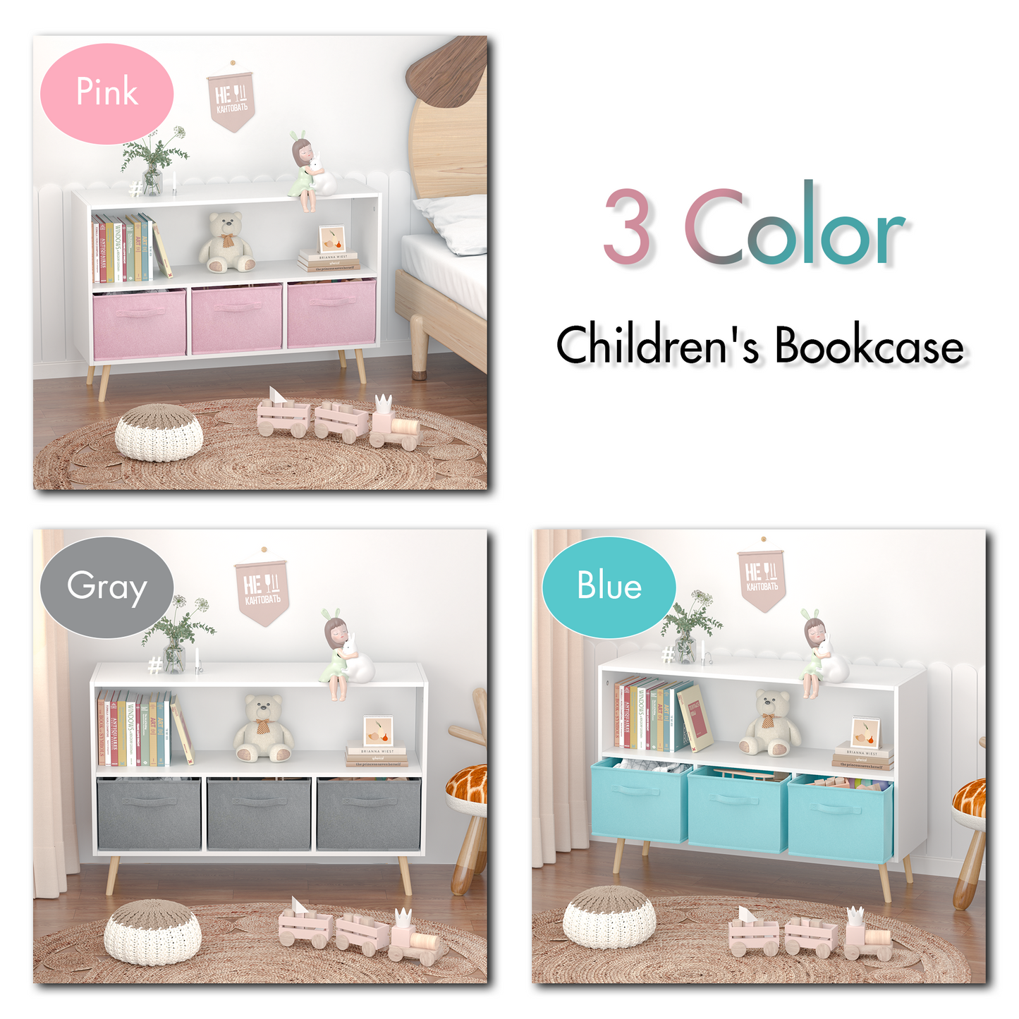 Cozy Cubby Kids Bookcase with Fun Fabric Drawers