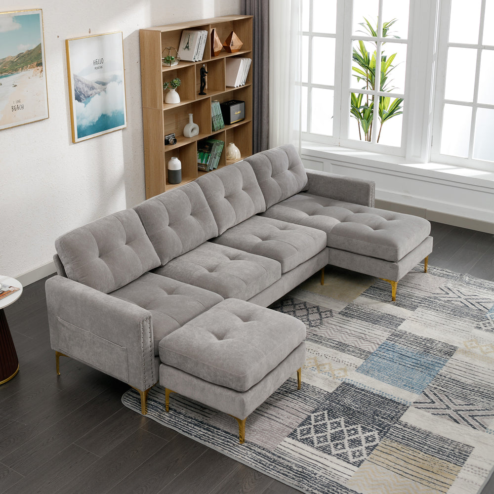 Cozy L-Shaped Sectional Sofa with Movable Ottoman - Light Grey