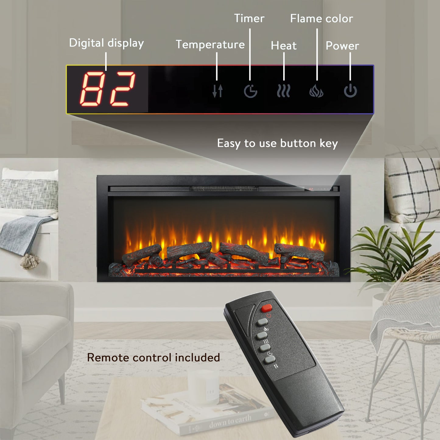 CozyGlow Recessed Electric Fireplace with Remote