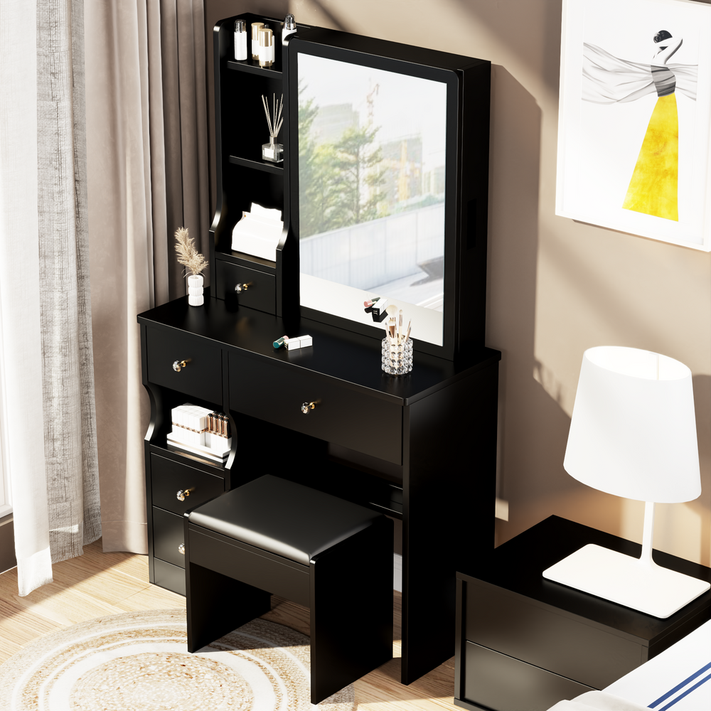 Chic Compact Vanity Set with Cushioned Stool & Sliding Mirror