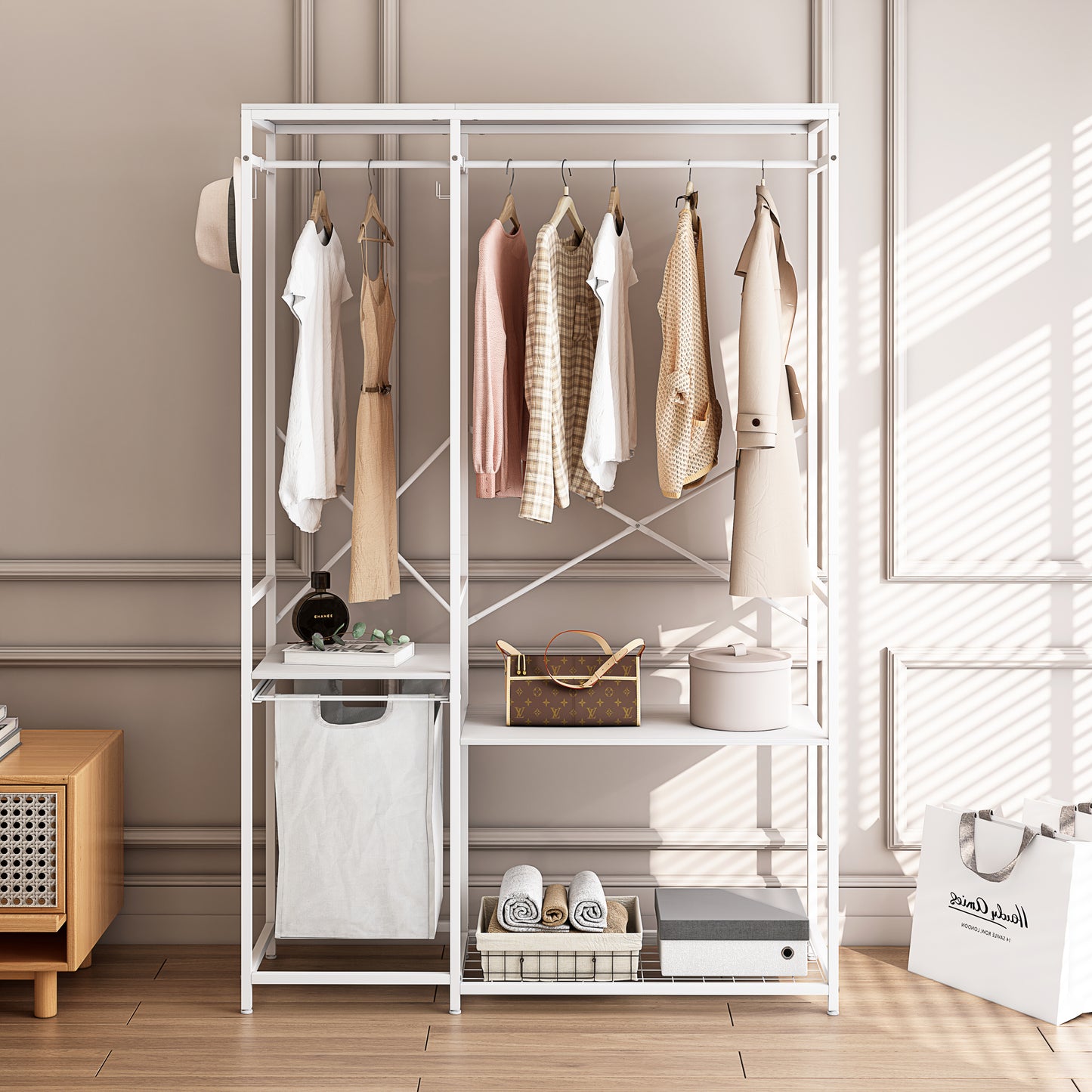 Stylish Portable Clothes Rack with Mesh Storage