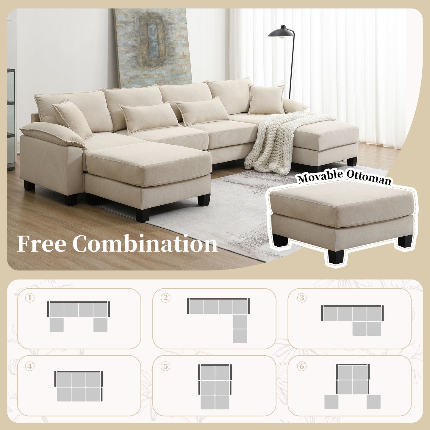 Cozy Corduroy Sectional Sofa Bed with Ottomans & Pillows