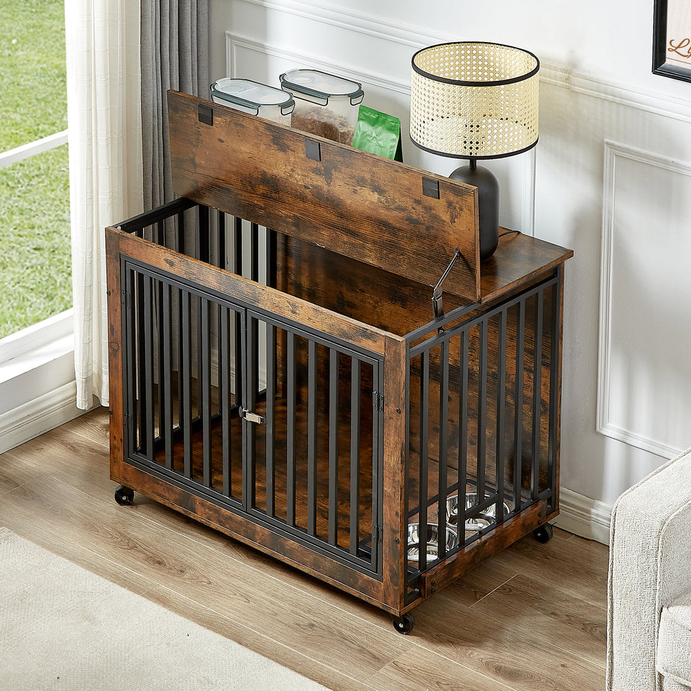 Rustic Dog Crate Side Table with Wheels and Feeding Bowl