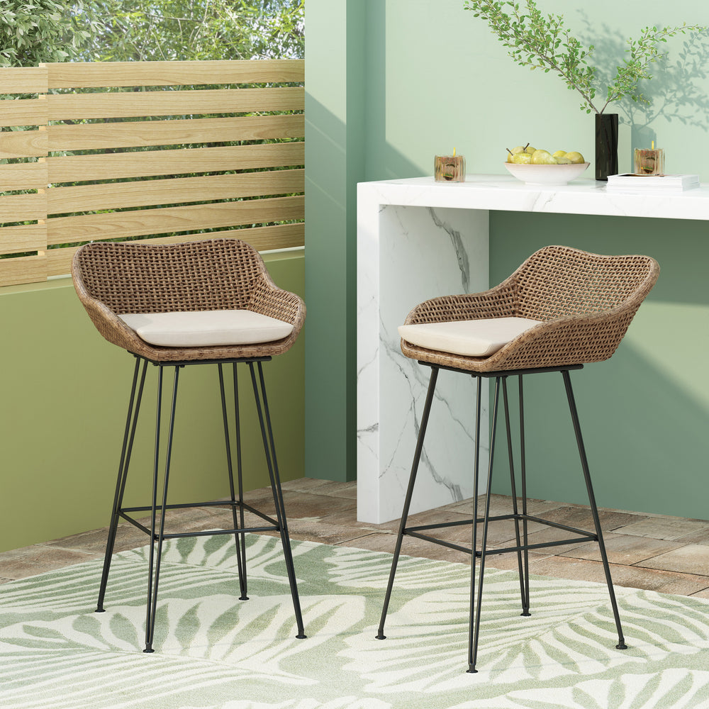 Cozy Wicker Barstools with Cushions - Set of 2