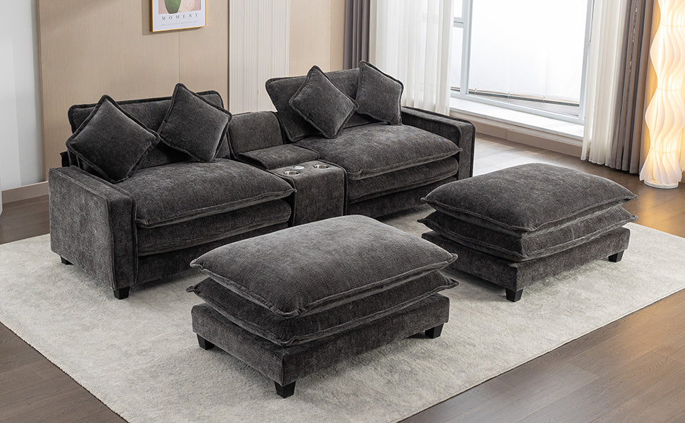 Cozy Black Chenille Sectional Sofa with Ottomans and USB Ports