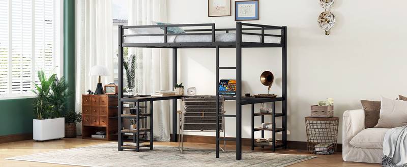 Chic Loft Bed with Desk & Shelves