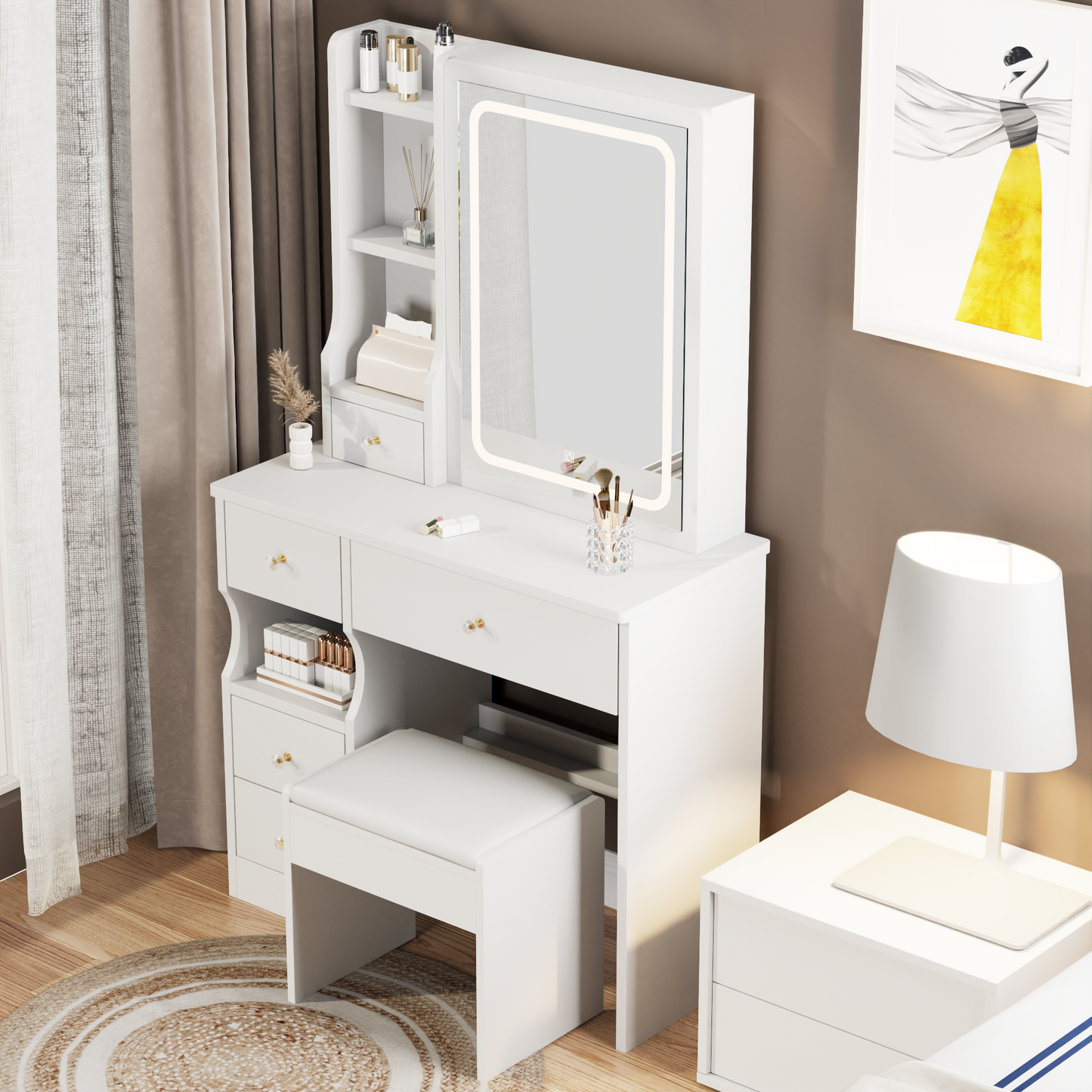 Chic Compact Vanity Set with LED Mirror and Cushioned Stool