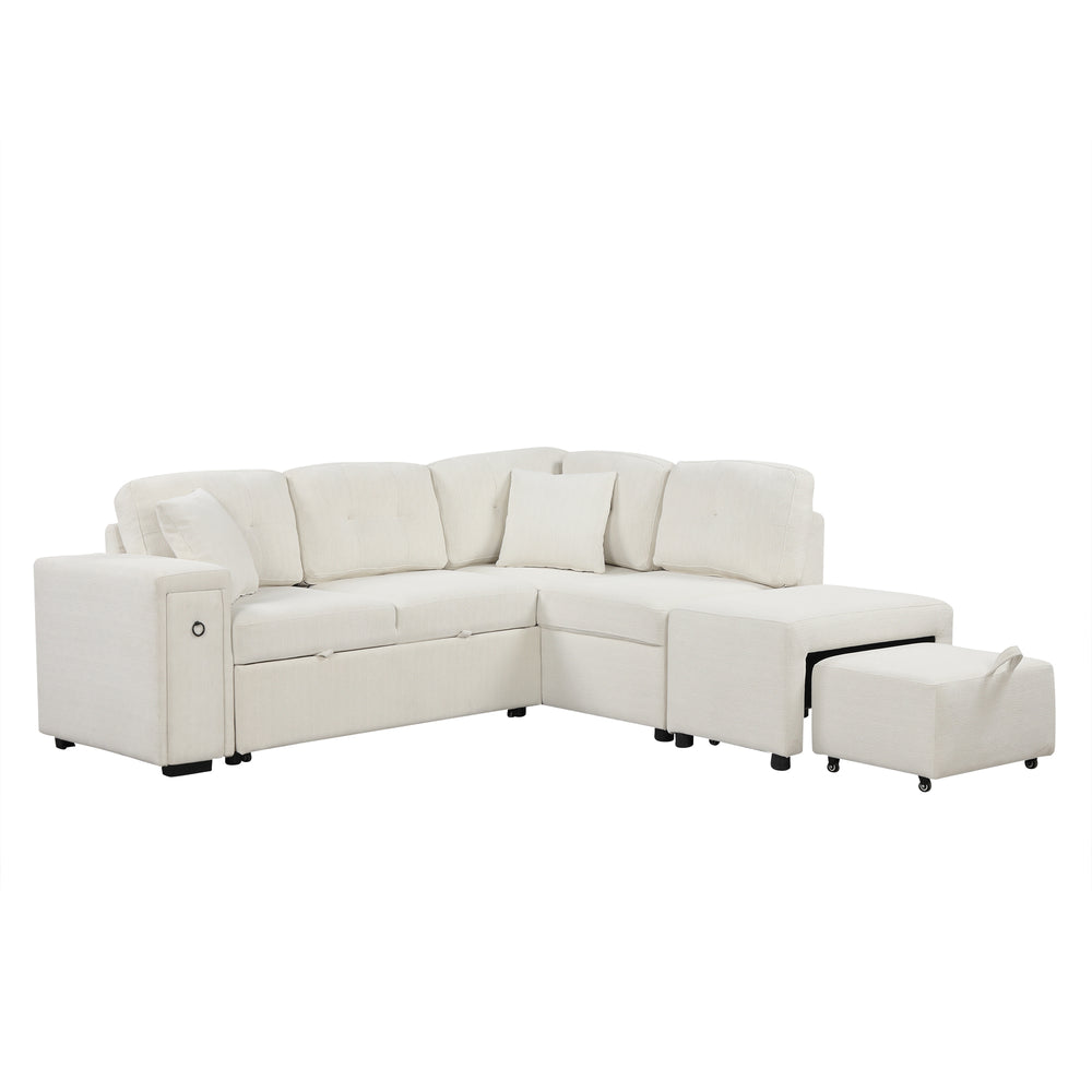 Haven L-Shaped Sofa Bed with Ottoman & USB Ports - Beige