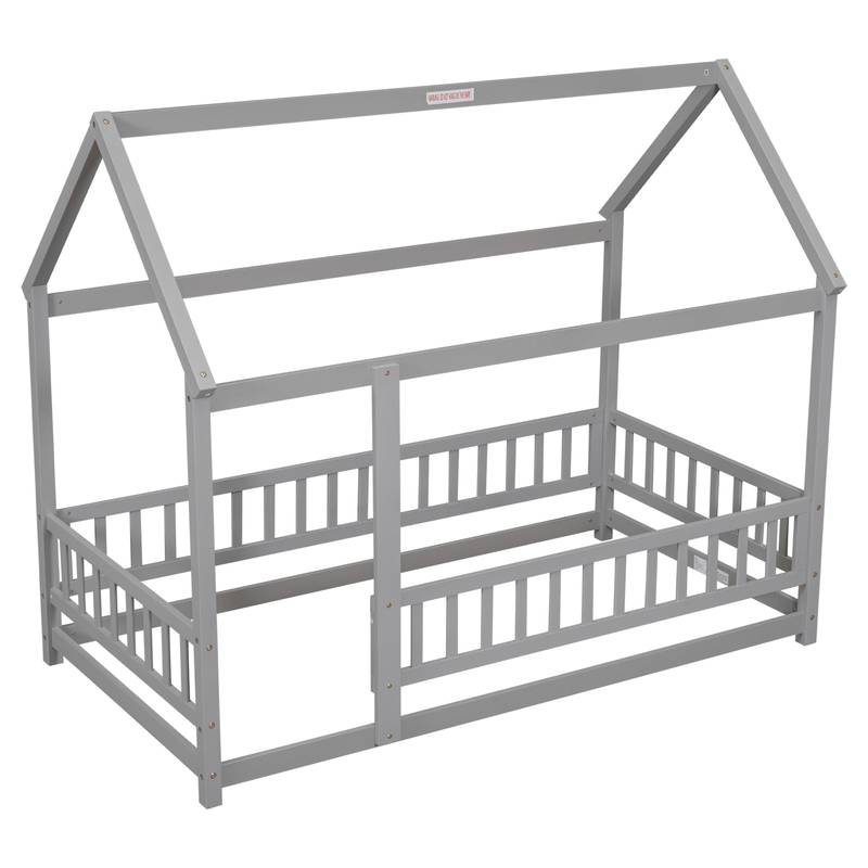 Cozy House-Style Twin Bed with Guardrails in Grey