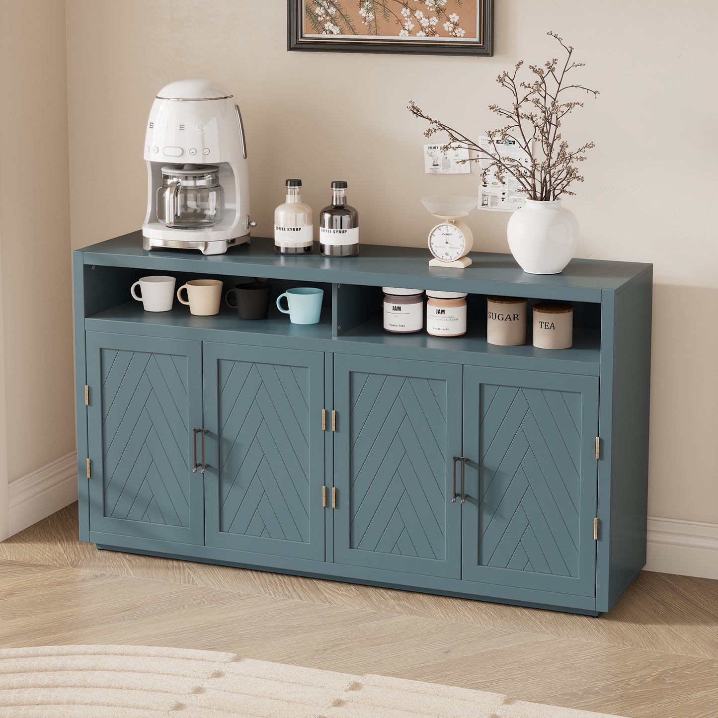 Chic Smoke Blue Sideboard with Open Shelves