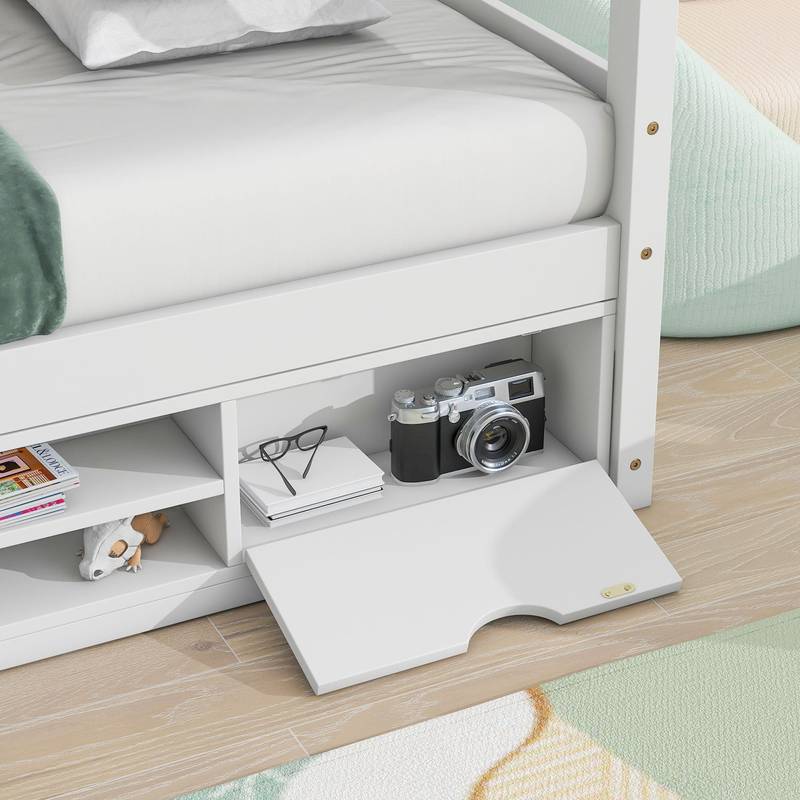 Cozy Twin House Bed with Roof & Storage