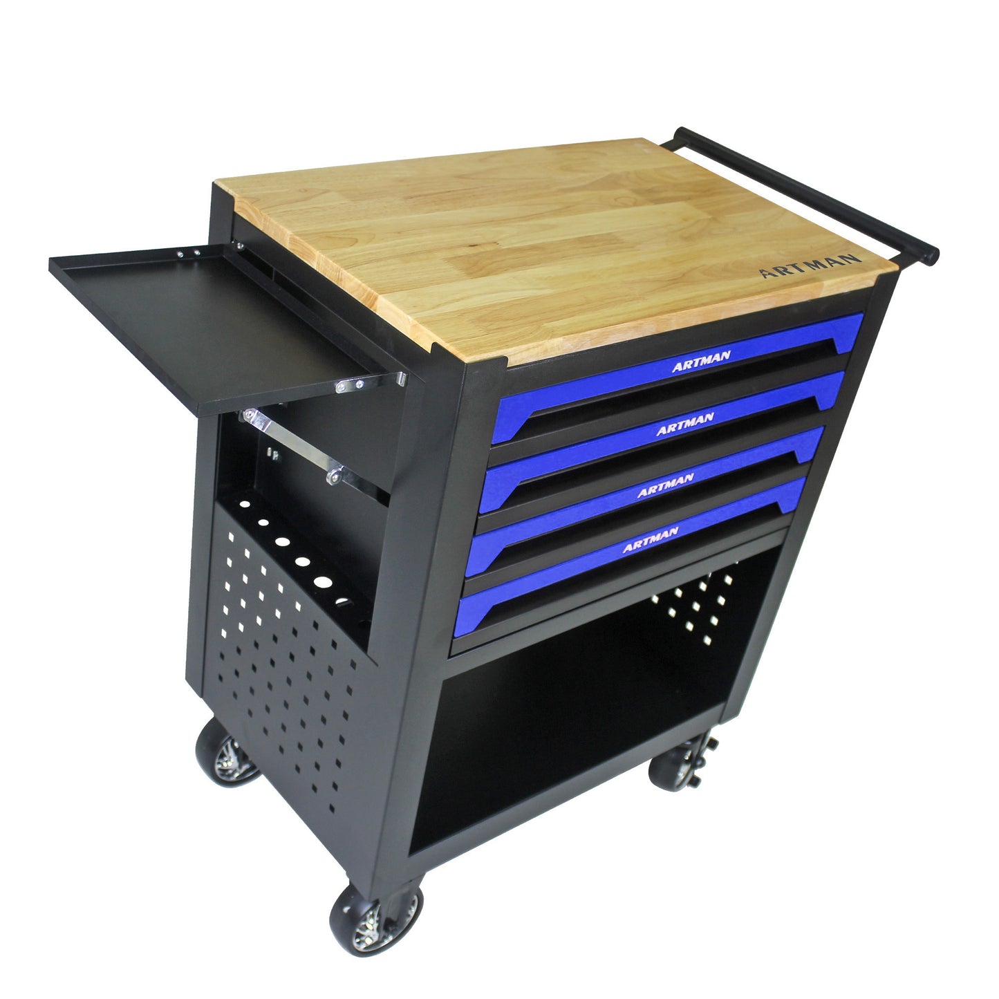 Blue Rolling Tool Cart with Wooden Top and 4 Drawers