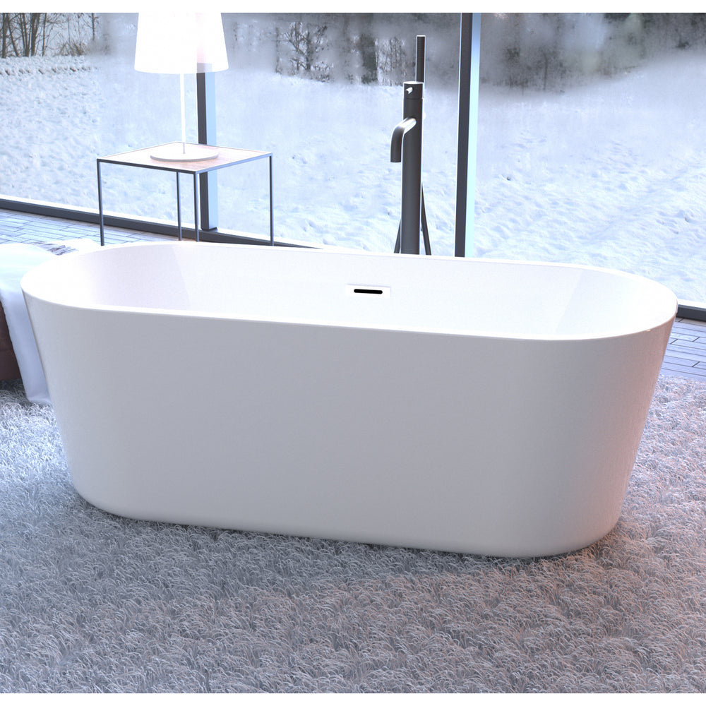 Chic White Freestanding Soaking Tub with Sleek Drain