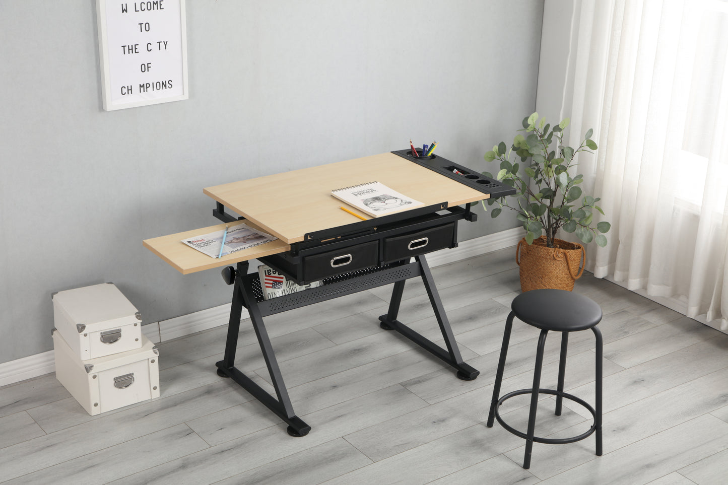 Versatile Drawing Desk with Storage and Stool