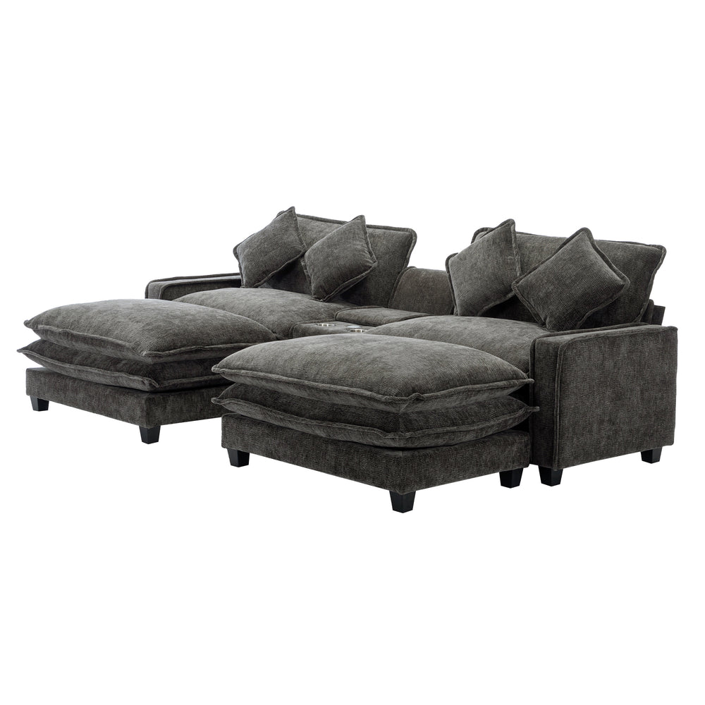 Cozy Black Chenille Sectional Sofa with Ottomans and USB Ports