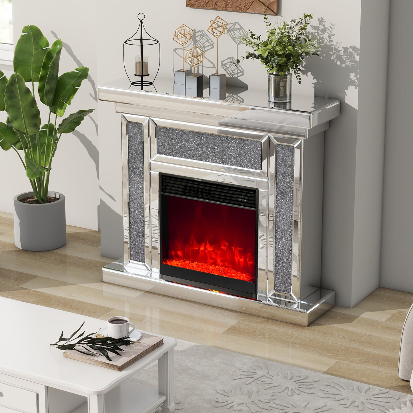 CozyGlow Mirrored Fireplace with Remote & Colorful Flames