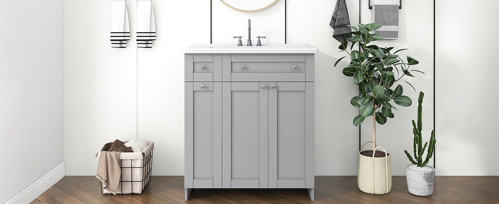 Sleek Grey Bathroom Vanity with Spacious Storage & Elegant Sink