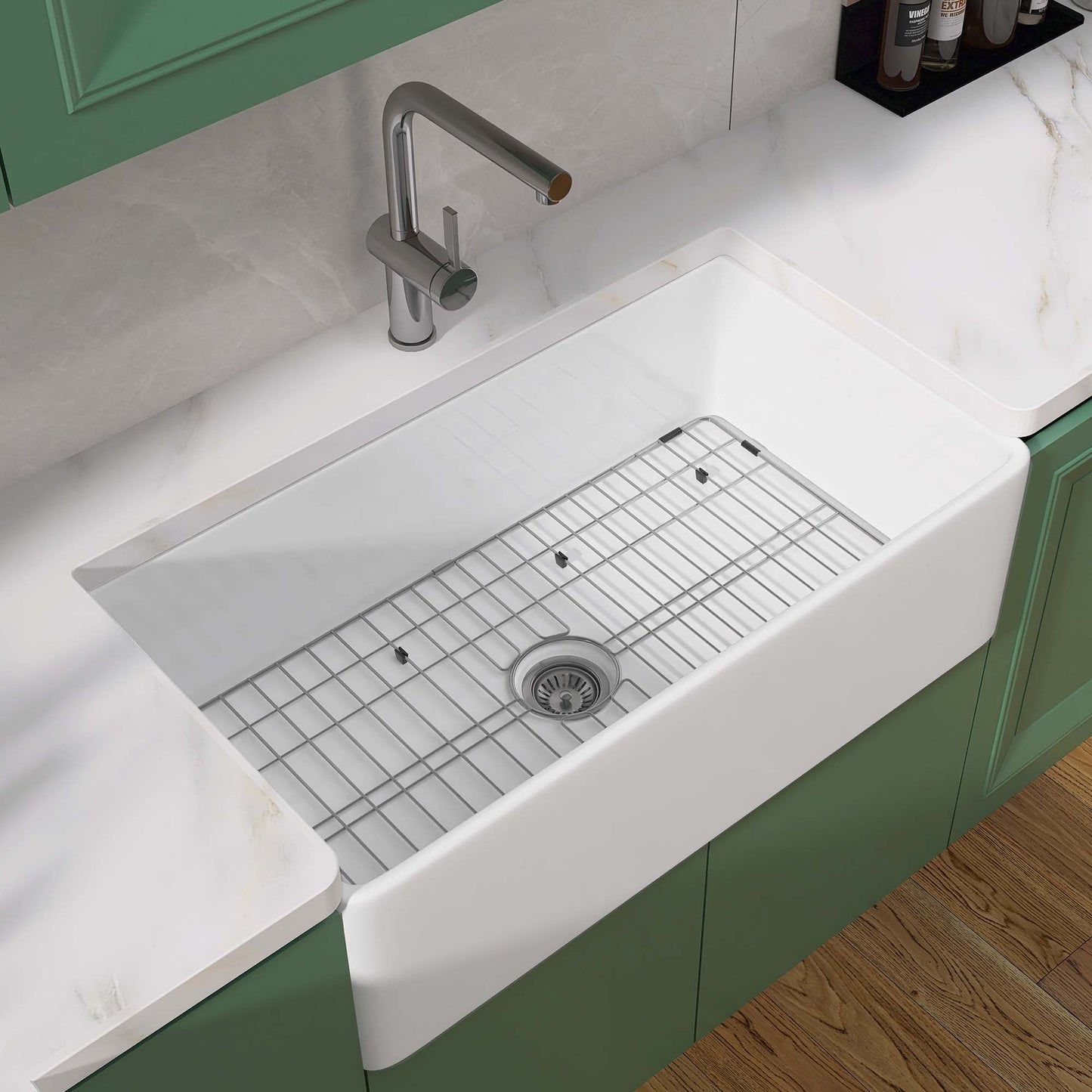 Chic White Farmhouse Kitchen Sink with Drain & Grid