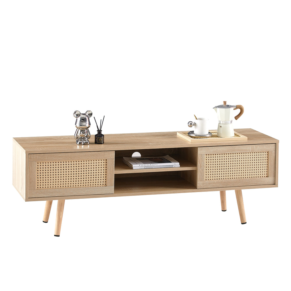 Chic Rattan TV Stand with Sliding Doors