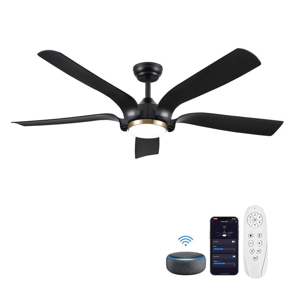 Smart Ceiling Fan with Sleek Matte Black Finish and Antique Brown Blades