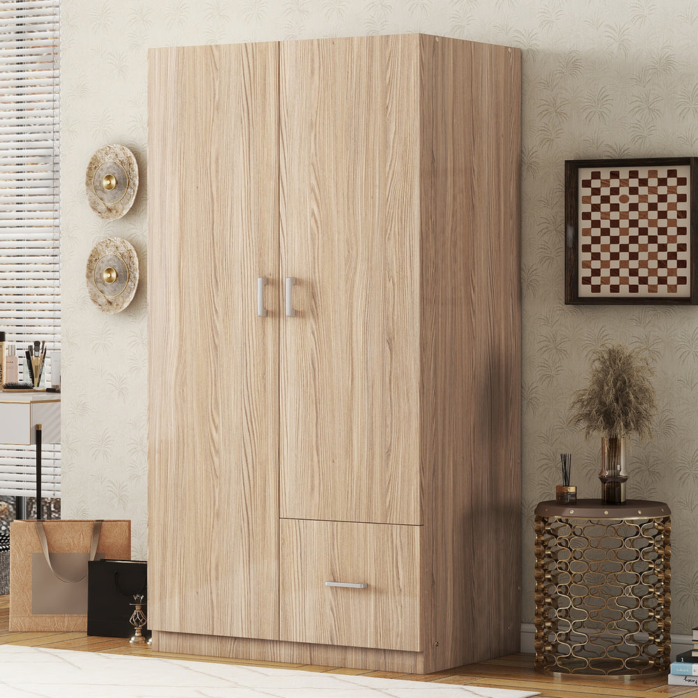 Natural Wooden Double Door Armoire with Shelves & Rod