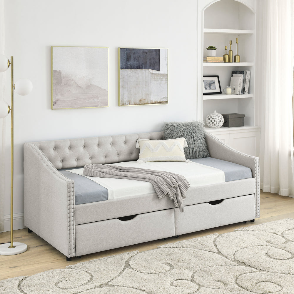 Beige Tufted Twin Daybed with Stylish Drawers