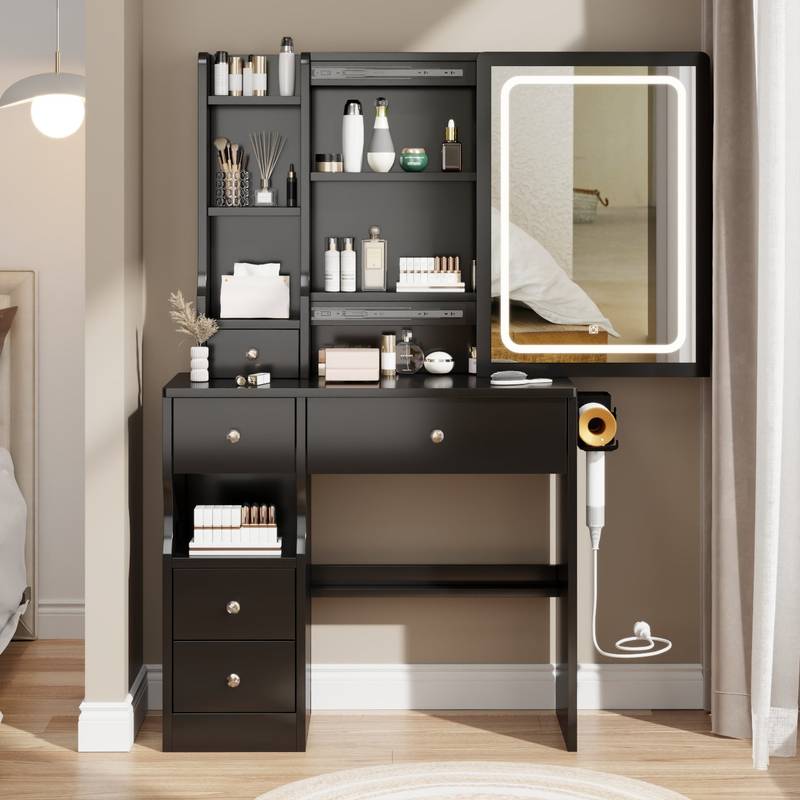 Chic Space-Saver Vanity Set with LED Mirror & Power Hub