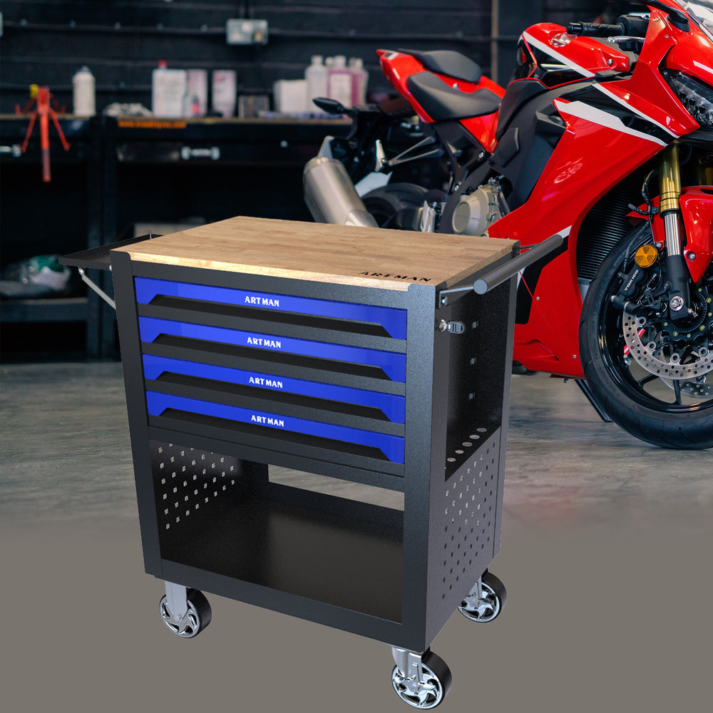 Blue Rolling Tool Cart with Wooden Top and 4 Drawers