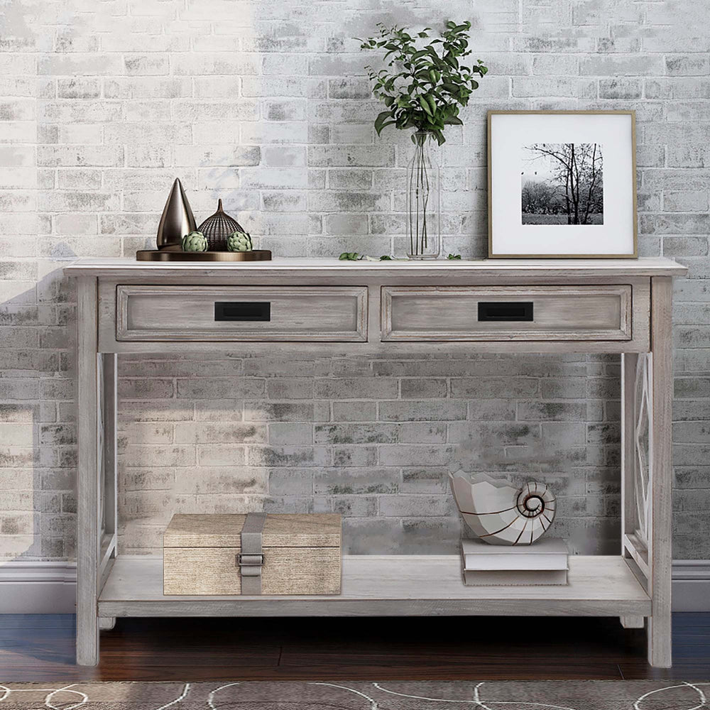 Chic Whitewashed Console Table with Drawers