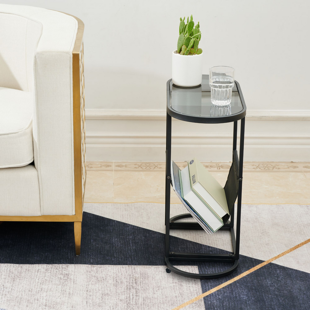 Chic Oval Glass Side Table with Magazine Storage