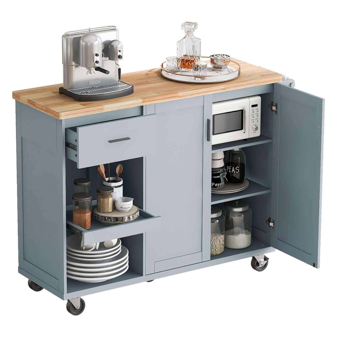 Rolling Kitchen Island with Foldable Top and Storage