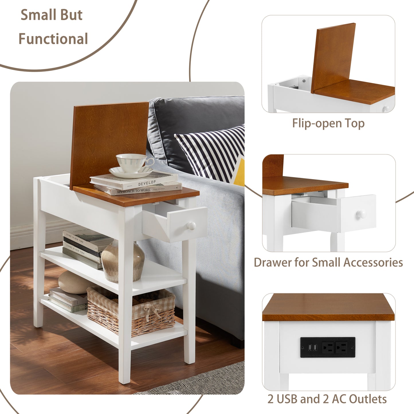 Chic USB Charging End Table in Two-Tone Wood