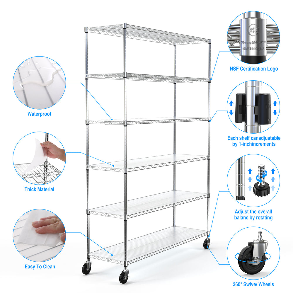 Rolling Chrome Storage Rack - Heavy Duty 6-Tier Wire Shelving