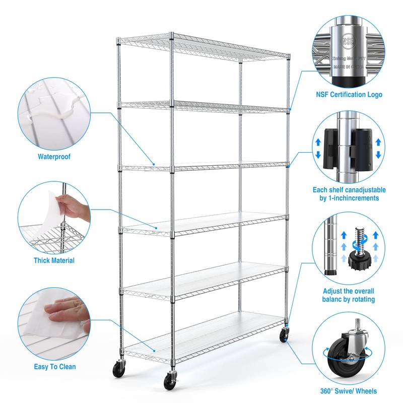 Rolling Chrome Storage Rack - Heavy Duty 6-Tier Wire Shelving