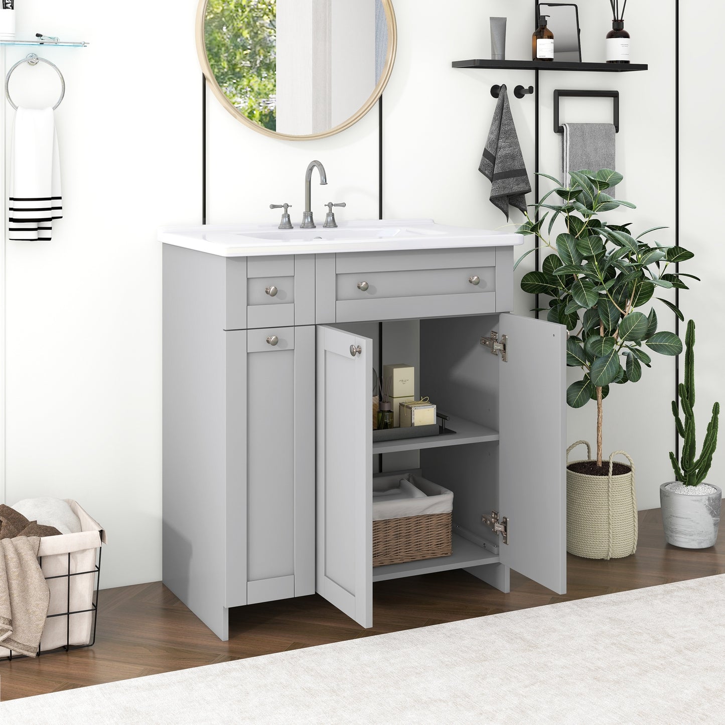 Sleek Grey Bathroom Vanity with Spacious Storage & Elegant Sink