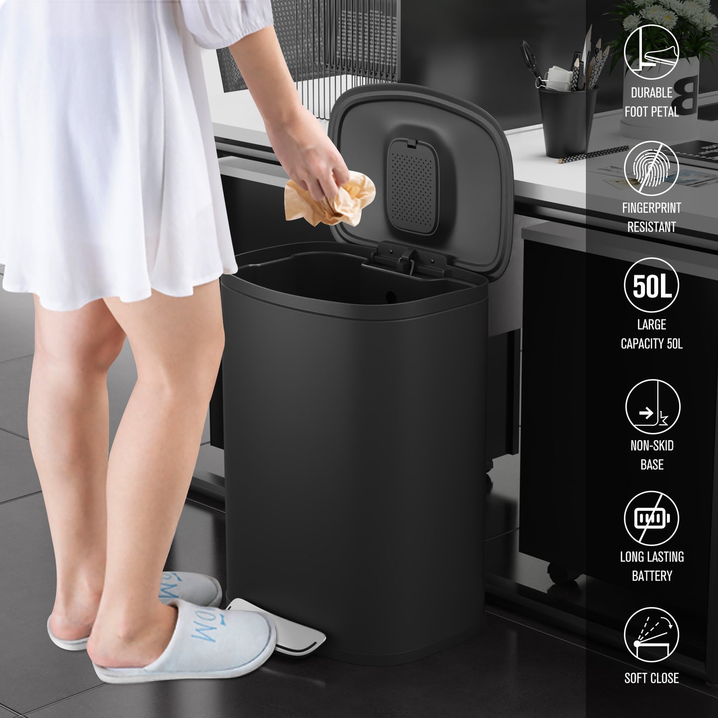 Sleek Soft-Close Foot Pedal Trash Can with Bags - Black