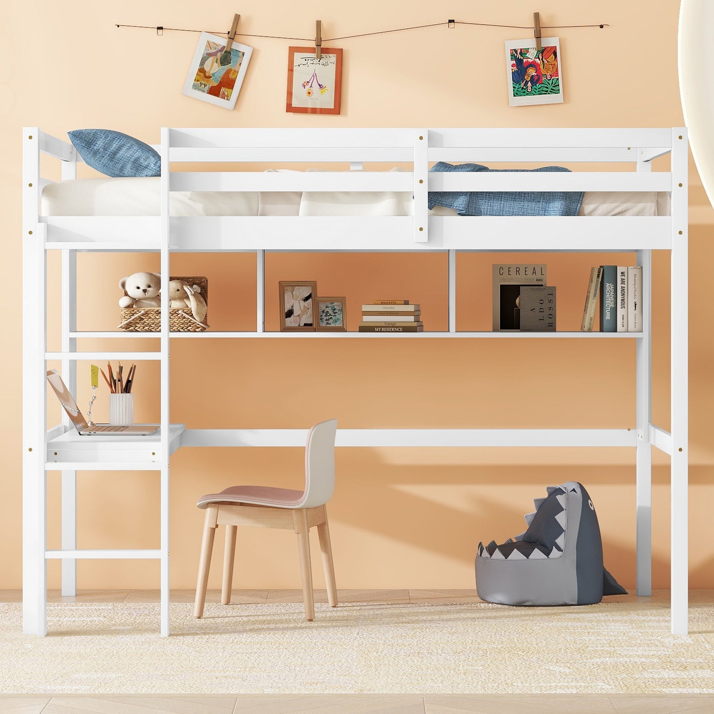 Cozy Loft Bed with Desk & Shelves - White Wonder!